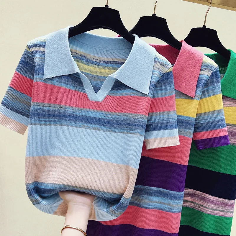 Summer Korean Knitted Tshirt Sweater For Women Rainbow Striped Stylish Fashion Loose Tops Shirt Short Sleeve Knitwear 2023