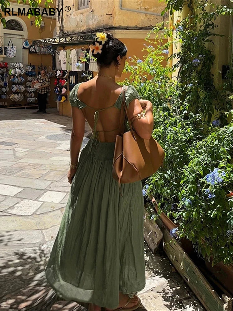 RLMABABY Fashion Casual Holiday Backless Maxi Bodycon Dress Women Summer Square Collar Short Sleeve Hottie Girl Sexy Long Dress