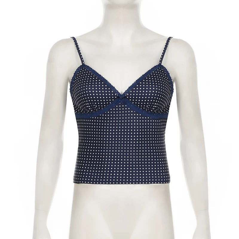 Darlingaga Fashion Polk Dot Printed Mini Camisole Women's Lace Patchwork Spaghetti Strap Summer Beach Cropped Tops Backless Y2K