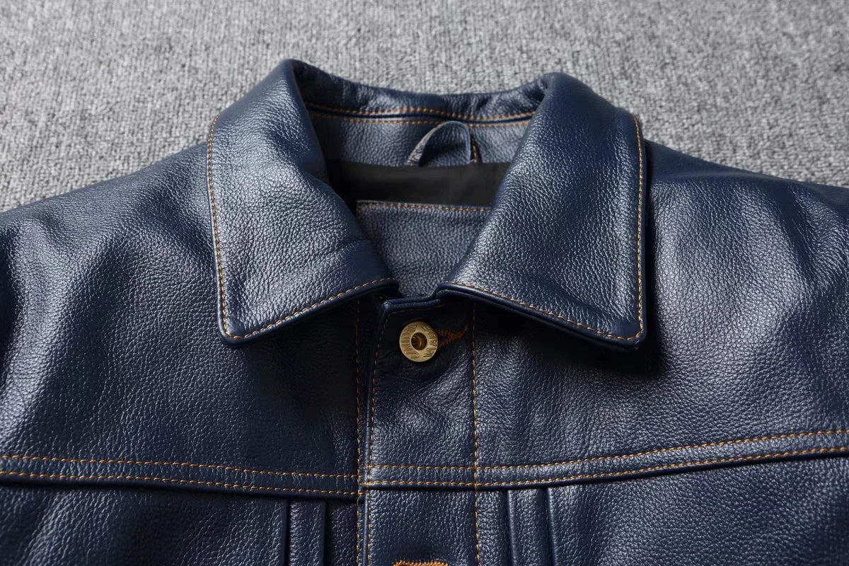 New Navy Blue Top Layer Cowhide Genuine Leather Jacket Men's Short Slim Fit Retro Motorcycle Lapel Casual Jacket Trendy