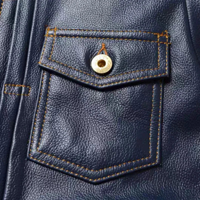 New Navy Blue Top Layer Cowhide Genuine Leather Jacket Men's Short Slim Fit Retro Motorcycle Lapel Casual Jacket Trendy