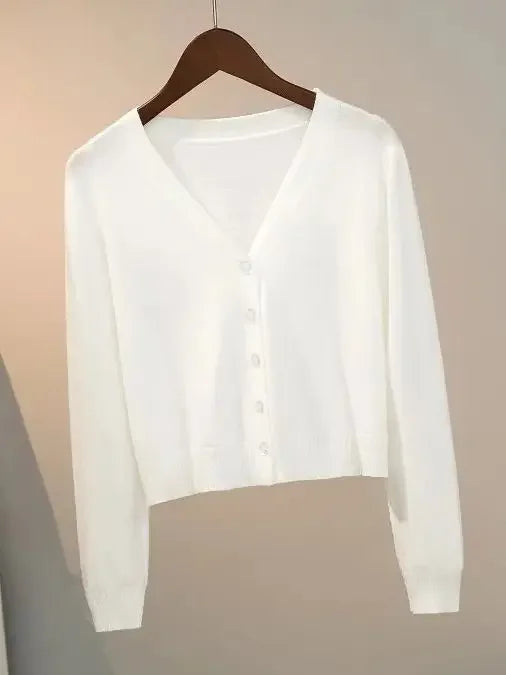 Sweater knitted cardigan button jacket 2024 autumn winter V-neck long sleeve casual short tops for women sweater Grey White