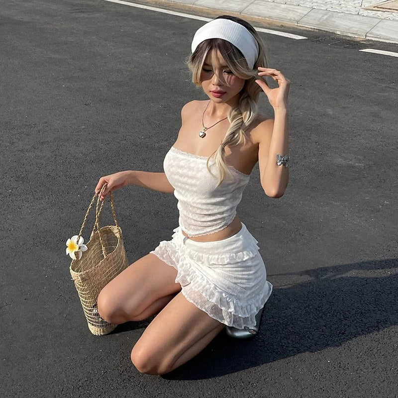 Cutest 2 Piece Skirt Outfits Lace Sheer Off Shoulder Tube Crop Tops Mini Tiered Ruffle Skirt Set Women Y2k Fairy Bandeau Camis