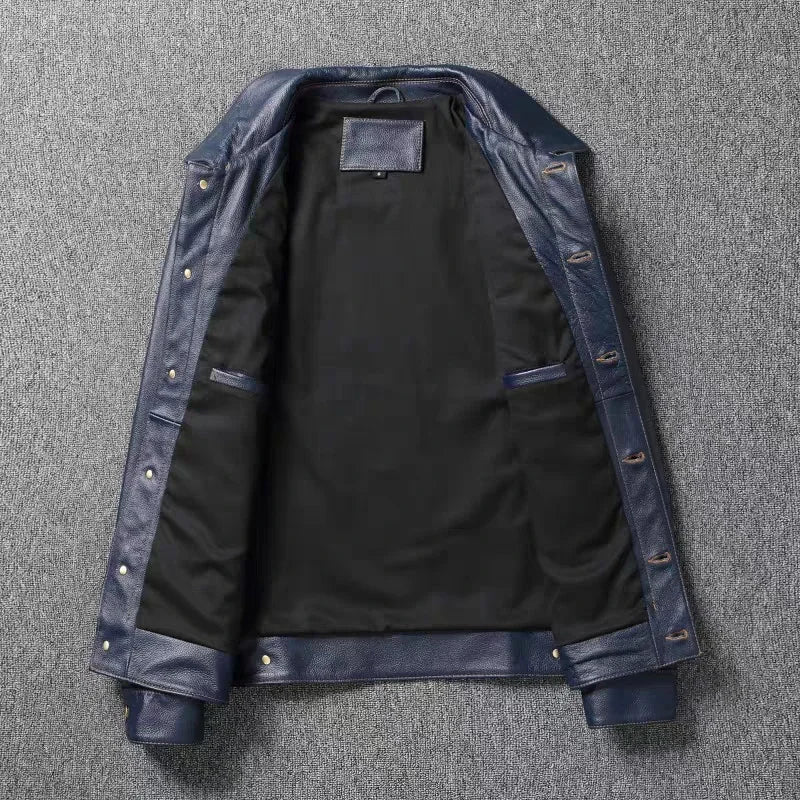 New Navy Blue Top Layer Cowhide Genuine Leather Jacket Men's Short Slim Fit Retro Motorcycle Lapel Casual Jacket Trendy