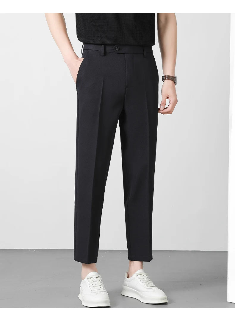 Spring Summer Suit Pants Men Business Smooth Slim Business Office Social Elastic Waist Ankle Length Formal Korean Trousers Male
