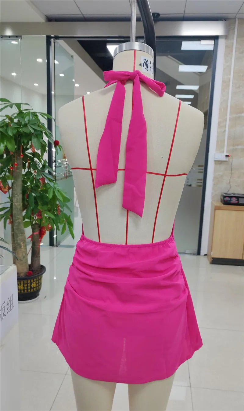 Syiwidii 2025 New for Women Summer Beach Club Streetwear Sleeveless Mini Dress Casual Shell V Neck Wrap Halter Neck Party Dress