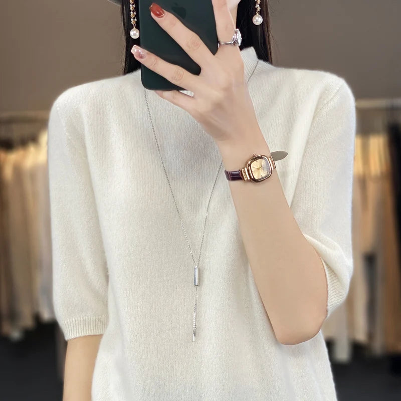 100% pure wool short sleeve summer new women's semi-high neck pullover blouse loose knit vest fashion T-shirt