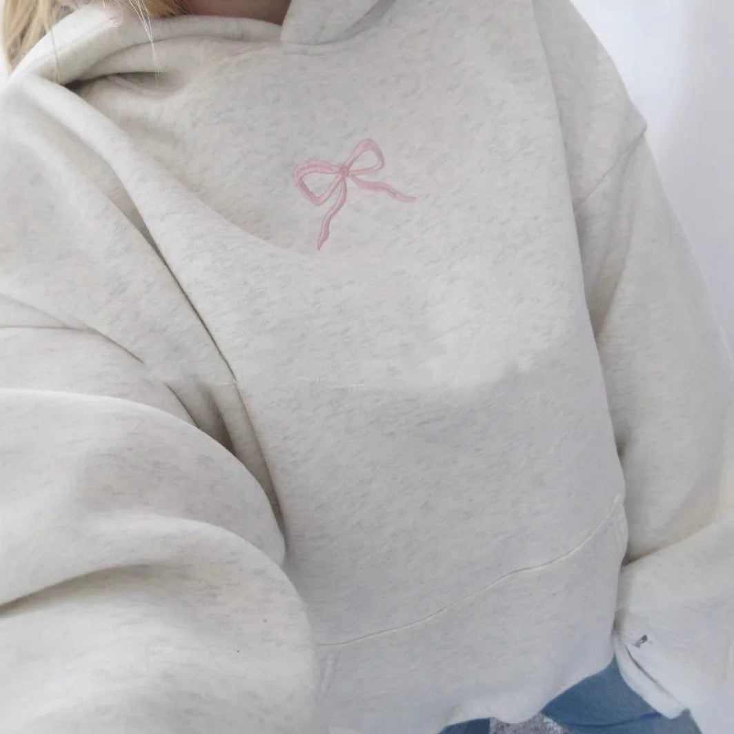 Women's Pink Bow Decor Hoodie Sweet Casual Fall Winter Hoodie Cozy Warm Women's Fashion Fullover Women Clothing