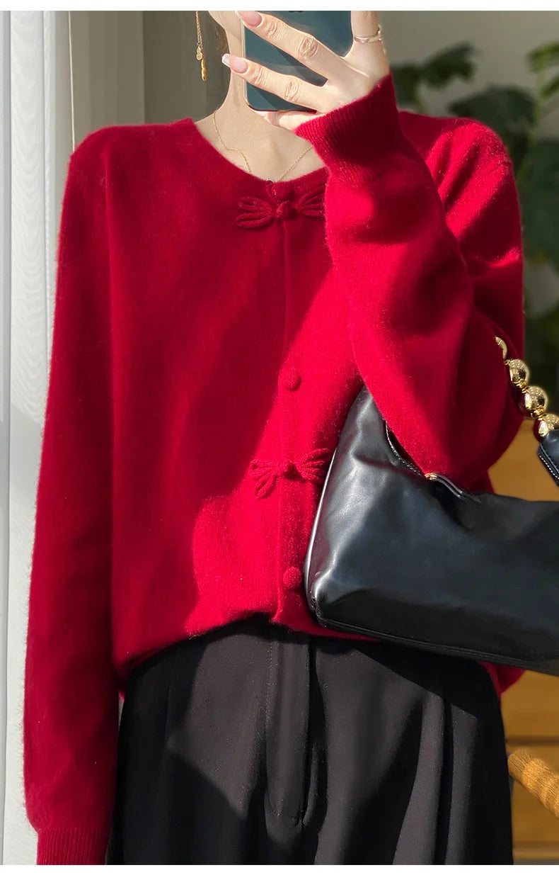 Women New Fashion Autumn Winter 100% Merino Wool Sweater O-neck Chinese Style Buckle Cardigan Soft Knitwear Female Clothing Tops