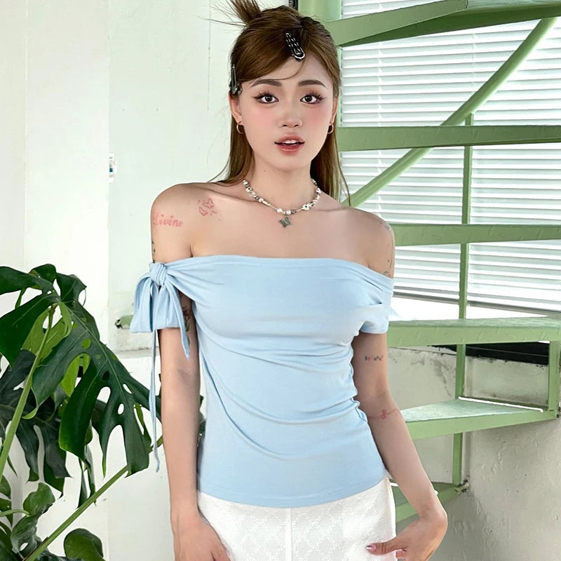 CUTENOVA 2024 Women'S Summer Ins Style New Shrink Pleated One-Shoulder Crop Top Backless Twist Tie Asymmetric T-Shirt Casual Top