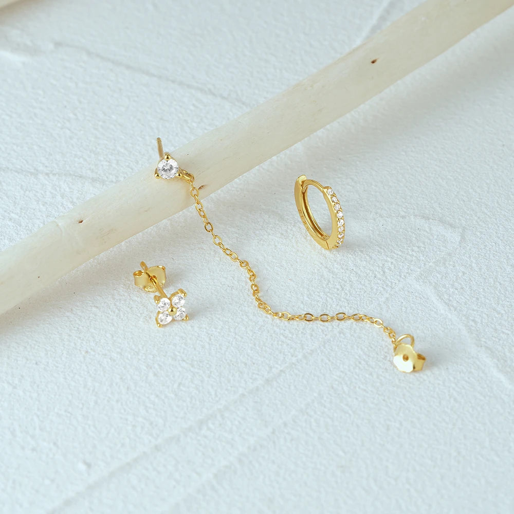 Aide 925 Sterling Silver 3pcs Set Two Stud Tassel K Gold Chain Flower Zircon Earrings For Women Fine Jewelry Valentine Day Gift