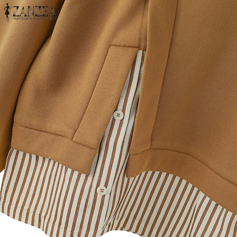 ZANZEA Women Long Sleeve Hoodies 2024 Autumn Fake Two Piece O-Neck Sweatshirt Fashion Loose Stripes Splicing Front Slit Pullover