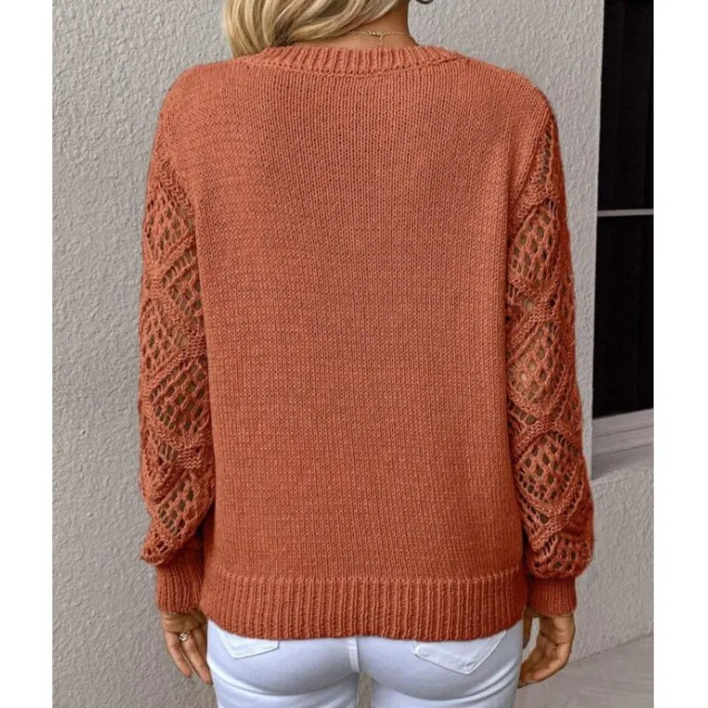 Autumn And Winter Fashion V-neck Pullover Sweater Elegant Women's Casual Hollow Long Sleeve Knitted Solid Color Loose Sweater