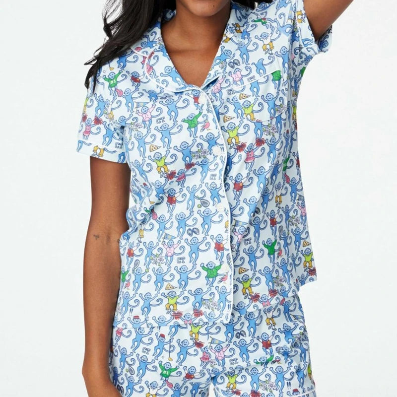 Kawaii Cartoon Print Lounge Pajama Sleepwear Women Short Sleeve Blouse Shirt Top + Shorts Y2K Vintage Comfy 2 Piece Set Outfits