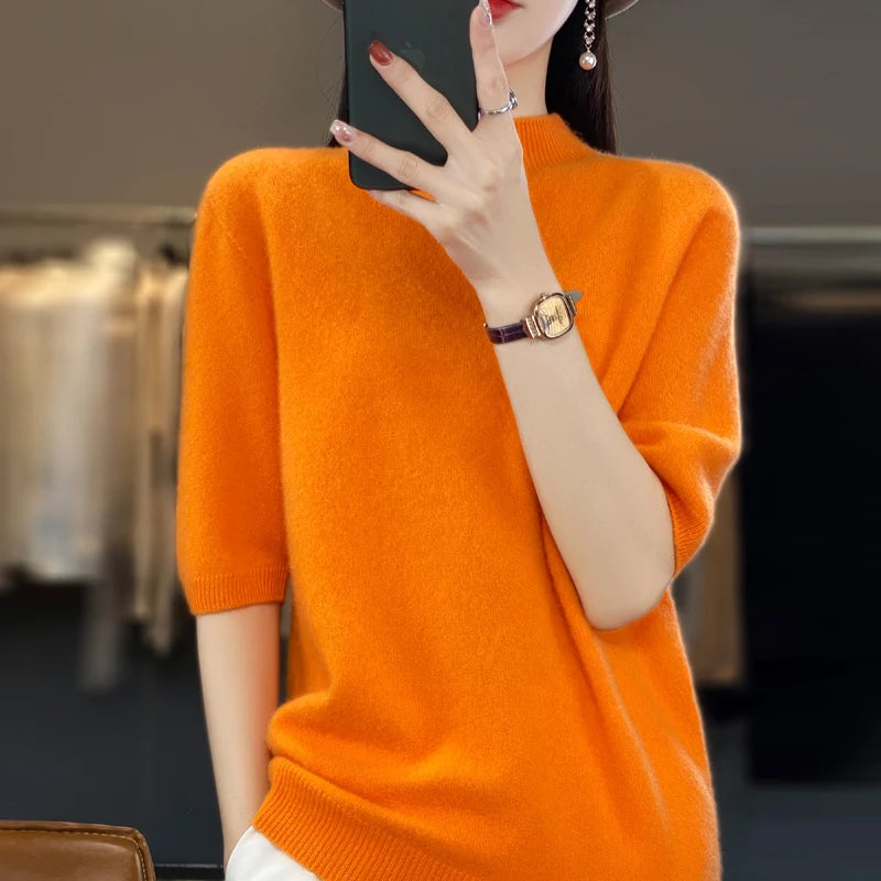 100% pure wool short sleeve summer new women's semi-high neck pullover blouse loose knit vest fashion T-shirt