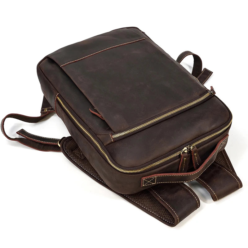 Vintage Travel Backpack leather double zipper bagpack male crazy horse leather backpack handmade leather travel bag men bag