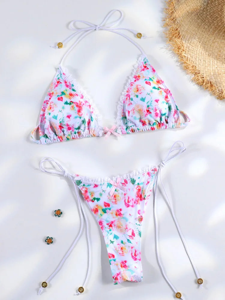 Plaid Print Bikinis Bow Swimwear Women Swimsuit Triangle Bikini Set Bandage Bath Suit Low Waist Thong Beachwear New Biquini