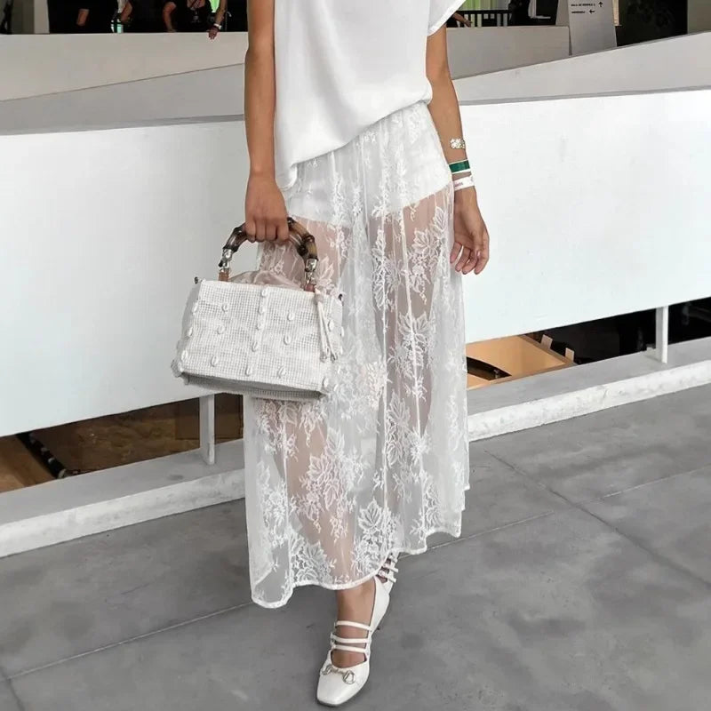 Talenza Lace See-through Skirt Women's White Floral High Waist Patchwork Skirt Lady Summer Sexy Party Elegant A-Line Long Skirt