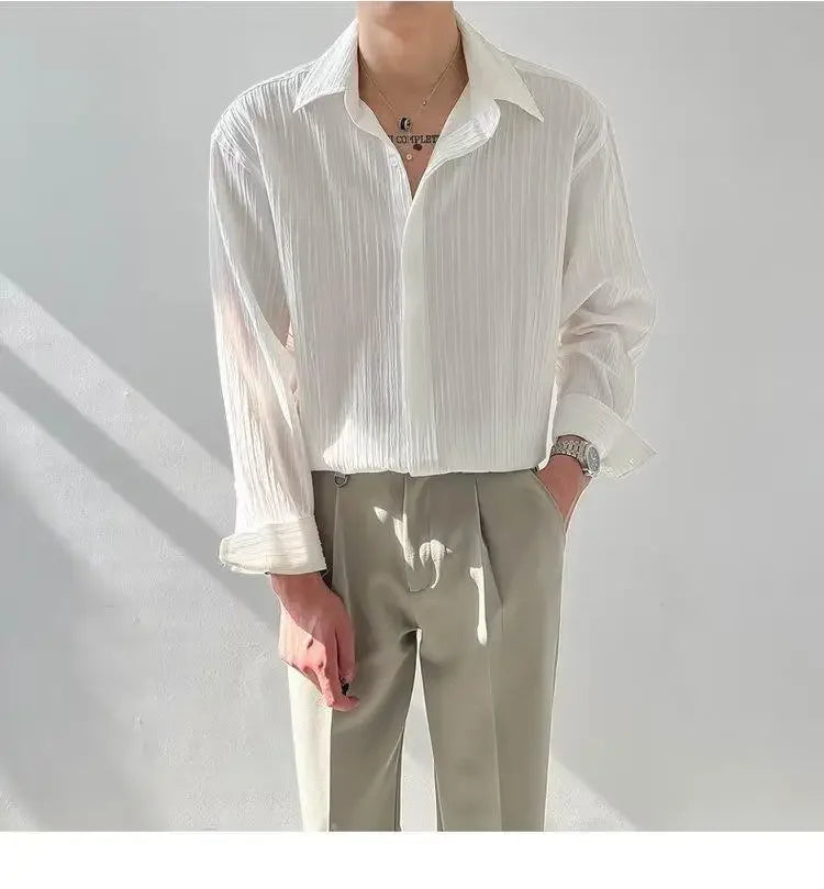 Trendy Stylish Striped No-iron Shirt Autumn Texture Top Korean Version Loose-fit Casual Long Sleeves Shirt For Men