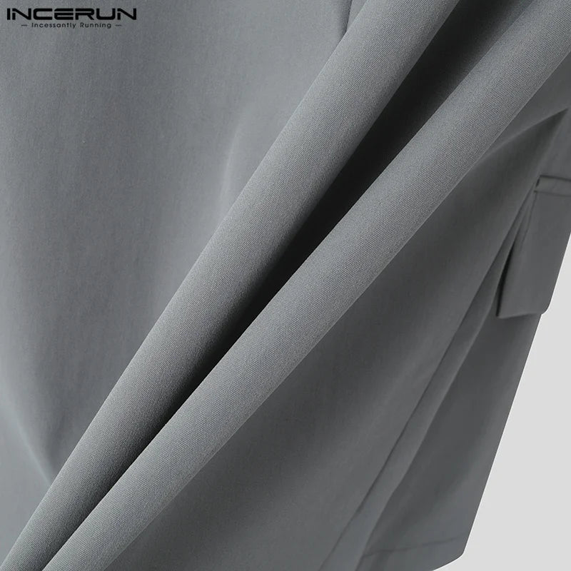 INCERUN Korean Fashion Men Blazer Casual Long Sleeve Solid Tops Pocket Button Steetwear Male Outfits Well Fitting Vintage Coats