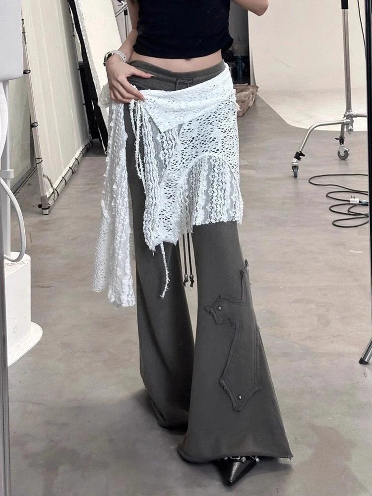 Summer Hollow Out Sweet Fairy Glitter Women's Skirts Harajuku Lace Split Bandage Skirt Vintage Y2k Aesthetic Casual Mujer Falda