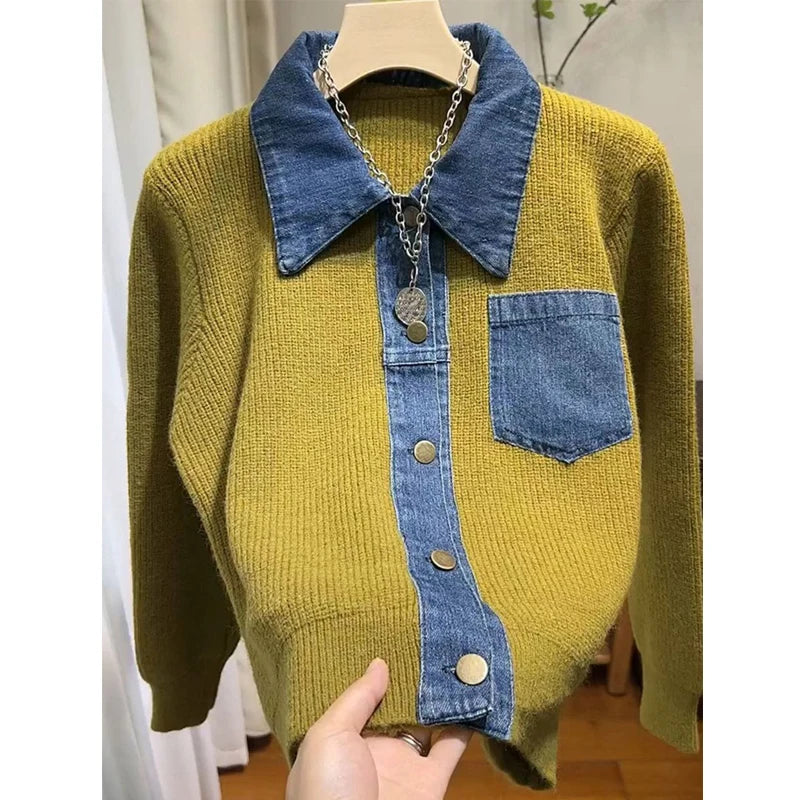 Women's Trendy Vintage Denim Patchwork Single Breasted Knitted Cardigan Autumn Casual Long Sleeve Loose Chic Pocket Sweater Coat