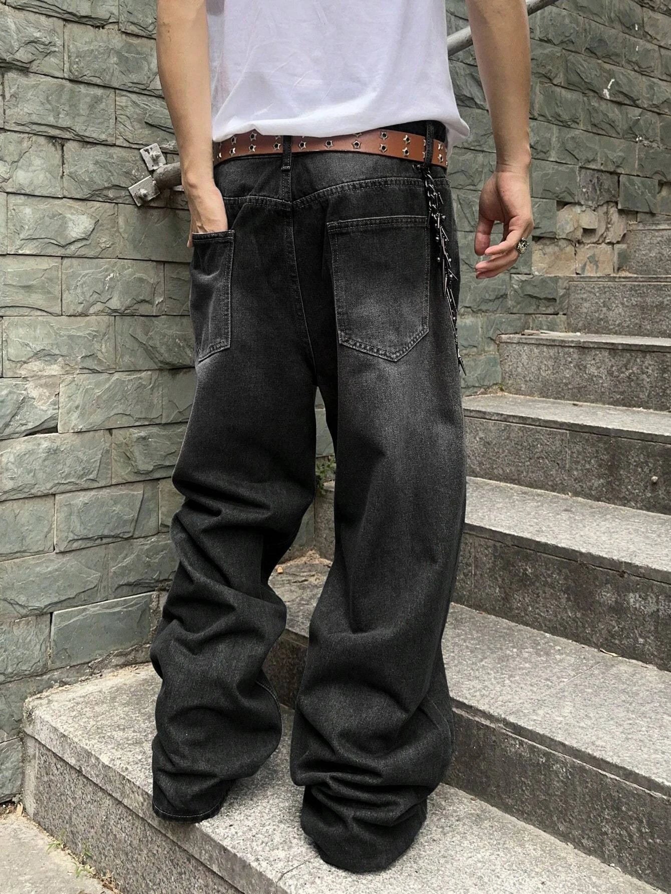 1Pc Men's Daily Travel Casual American Street Loose Jeans, Black, Light Blue, Sea Blue Fashion Street Style Retro Lantern Jeans Jeans Denim Pants