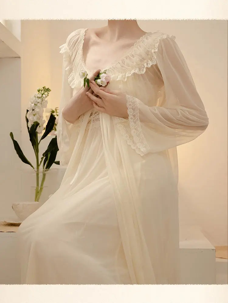 PLUS SIZE 2PCS Robe Set Female Court Style Satin Nightdress Sexy Lace Trim Sleep Suit Home Dress Gown Spaghetti Strap Nightwear