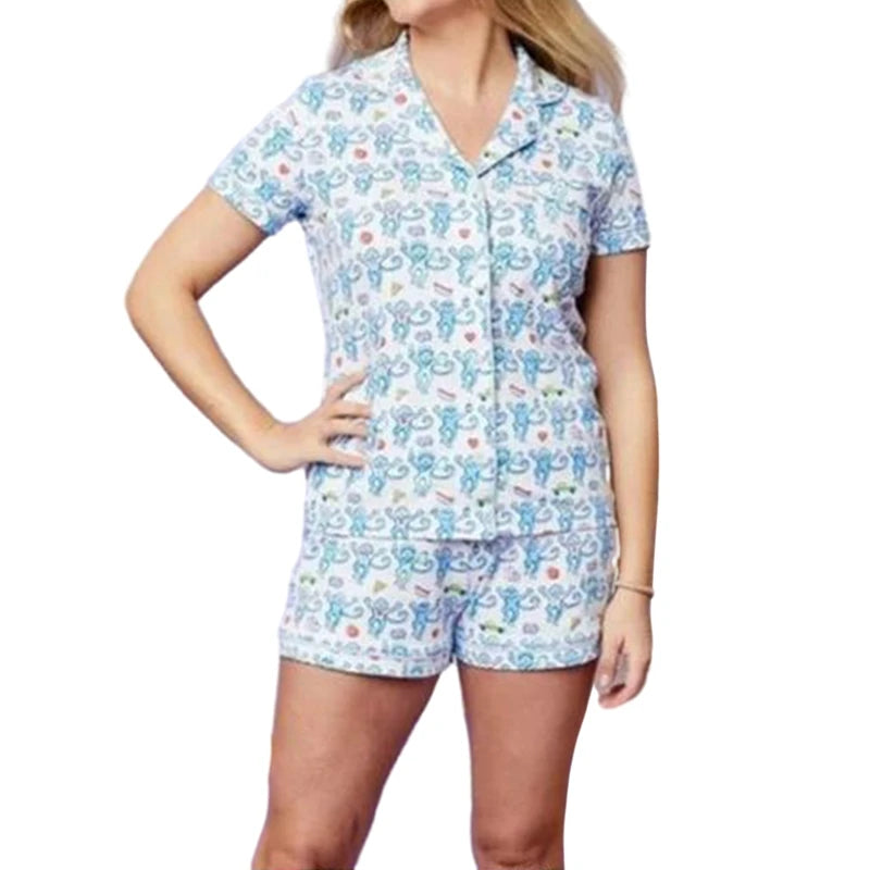 Kawaii Cartoon Print Lounge Pajama Sleepwear Women Short Sleeve Blouse Shirt Top + Shorts Y2K Vintage Comfy 2 Piece Set Outfits