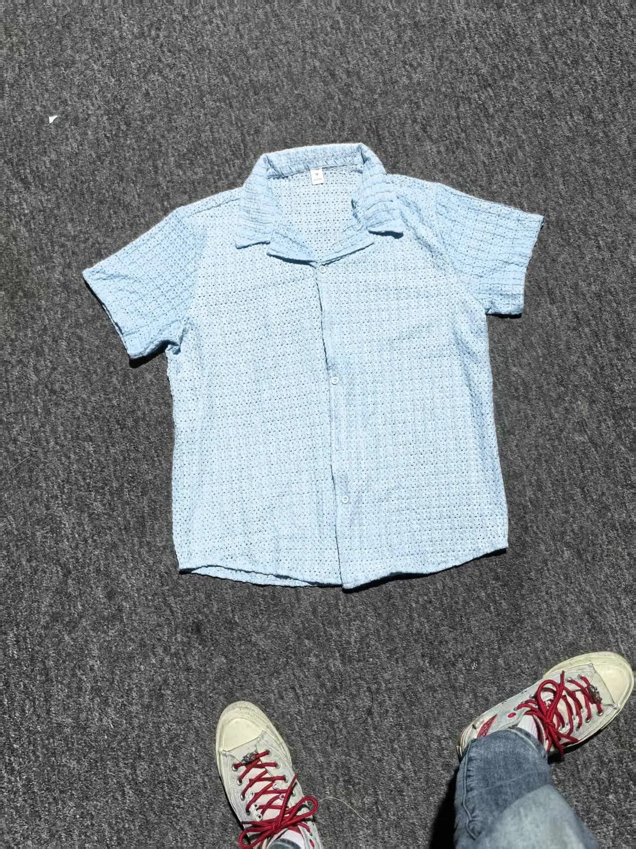 Men's Casual Knit Shirt Summer New Solid Color Turn-down Collar Hollow Breathable Short Sleeve Top