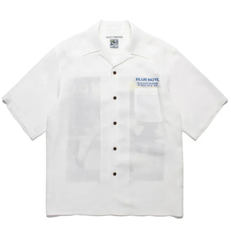Summer Blue Letters Embroidery WACKO MARIA Shirts Men Women Graphics Print Hawaiian Short Sleeve Tee Casual Fashion Beach Shirt