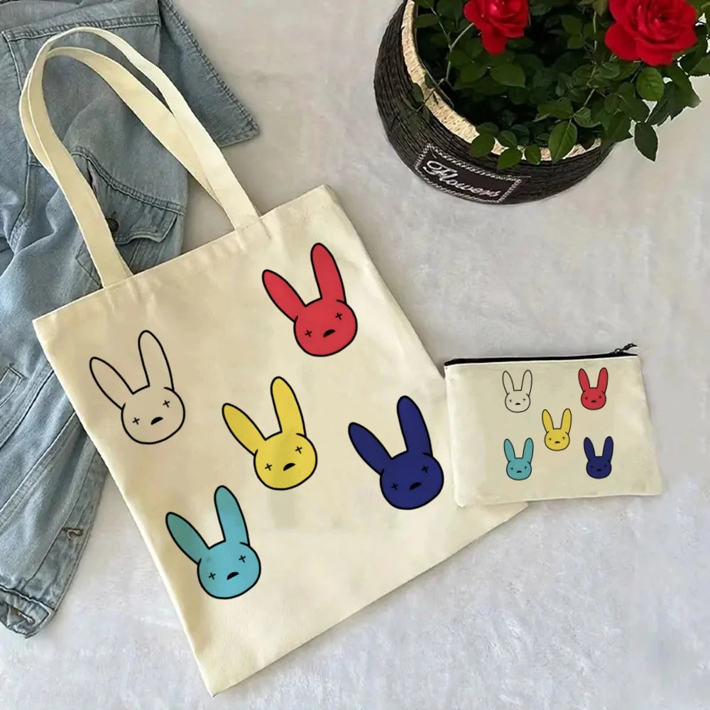 Un Verano Sin Ti Gift Bag Set, Bad Bunny Print Tote Bag, Casual Canvas Shoulder Bag with Mini Storage Bag