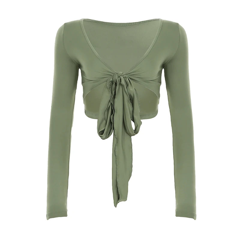 Cuteandpsycho Solid Slim Lace Up Leisure Shirts Long Sleeves V-neck Chic Basics Clothes Y2K Streetwear Casual Tops for Women