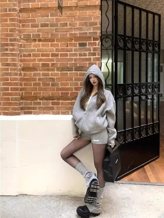 Y2k Retro Casual Suit European American Hip-hop Hooded Long-sleeved Jacket Autumn and Winter Straight Shorts Sexy Two-piece Set