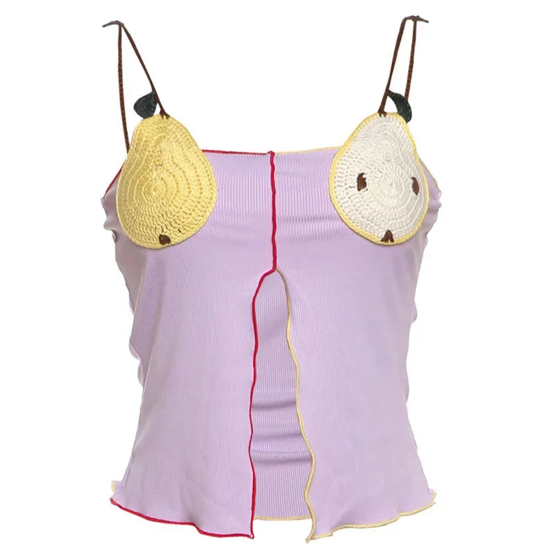 Rib Embroidery Split Tank Top Women Sleeveless Backless Slim Contrast Color Strap Party Vest Summer 2025 Fashion Lady Tops