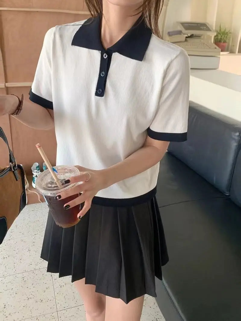College Style Summer New Knitted Short-sleeved Ice Silk T-shirt Women's Polo Shirt Design Niche Short Underwear Top