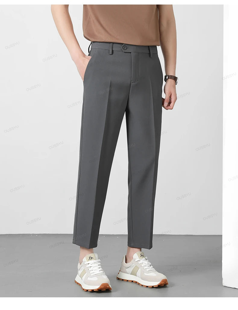 Spring Summer Suit Pants Men Business Smooth Slim Business Office Social Elastic Waist Ankle Length Formal Korean Trousers Male