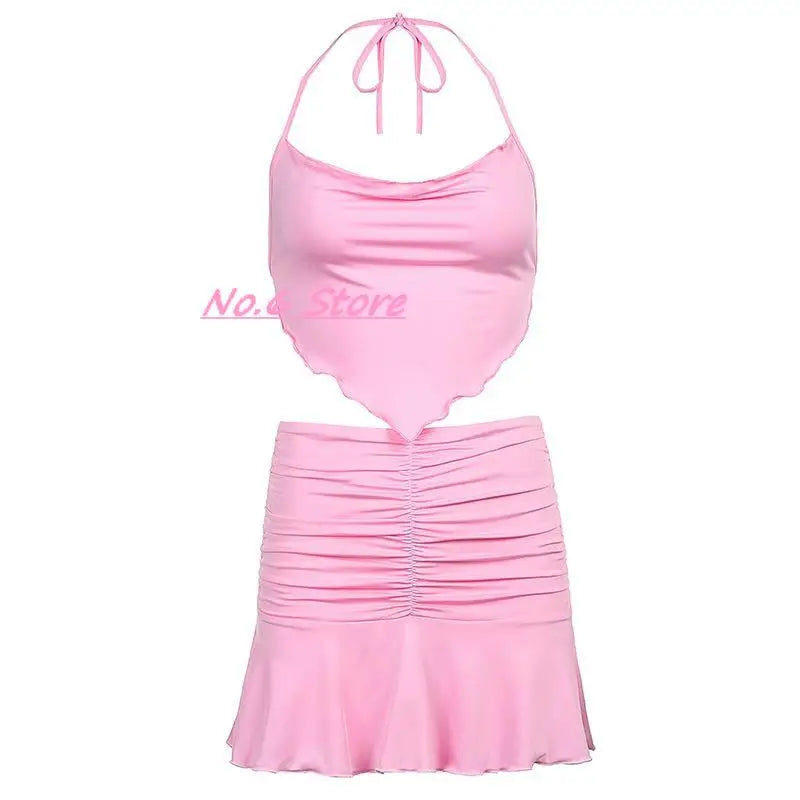 2022 Sexy Two-piece Solid Color Mini Skirt Female Sexy V-neck Crop Top + Elastic Waist Short Skirt Suit Harajuku Y2k Summer Suit