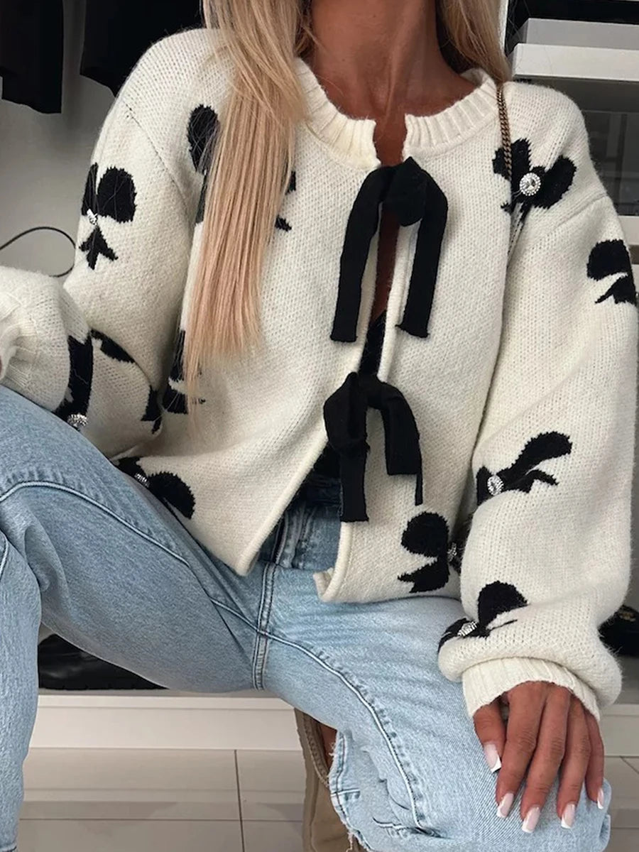 Combhasaki Women's Autumn Y2K Elegant Sweater Cardigan Lantern Long Sleeve Bow Print Pearl Decor Tied Split Front Knitwear Tops