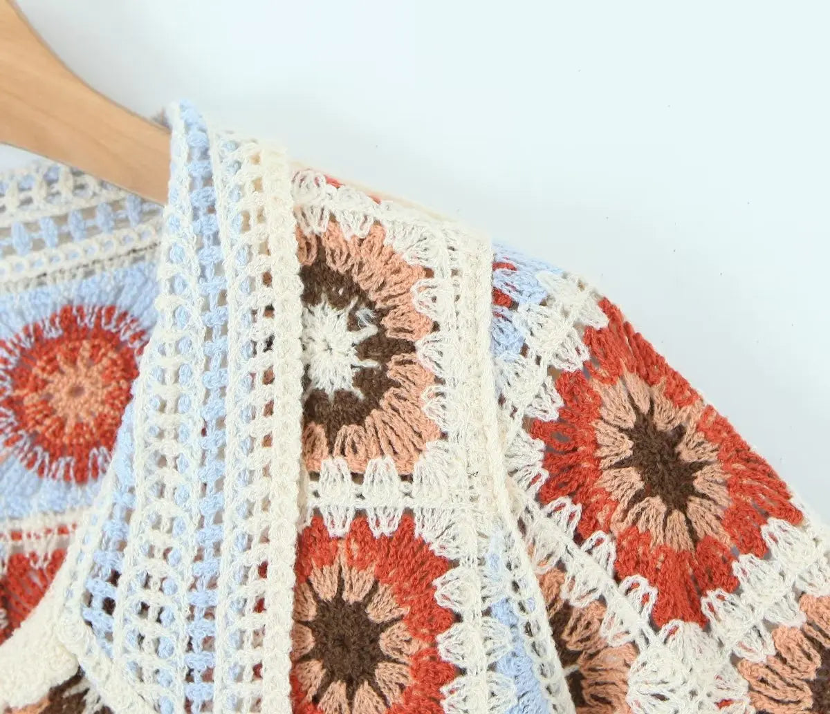 Granny Square Crochet Top Short Sleeve Collared Sheer Open-knit Button-up Crop Blouse Women Teengirl Boho Vacation Summer Outfit