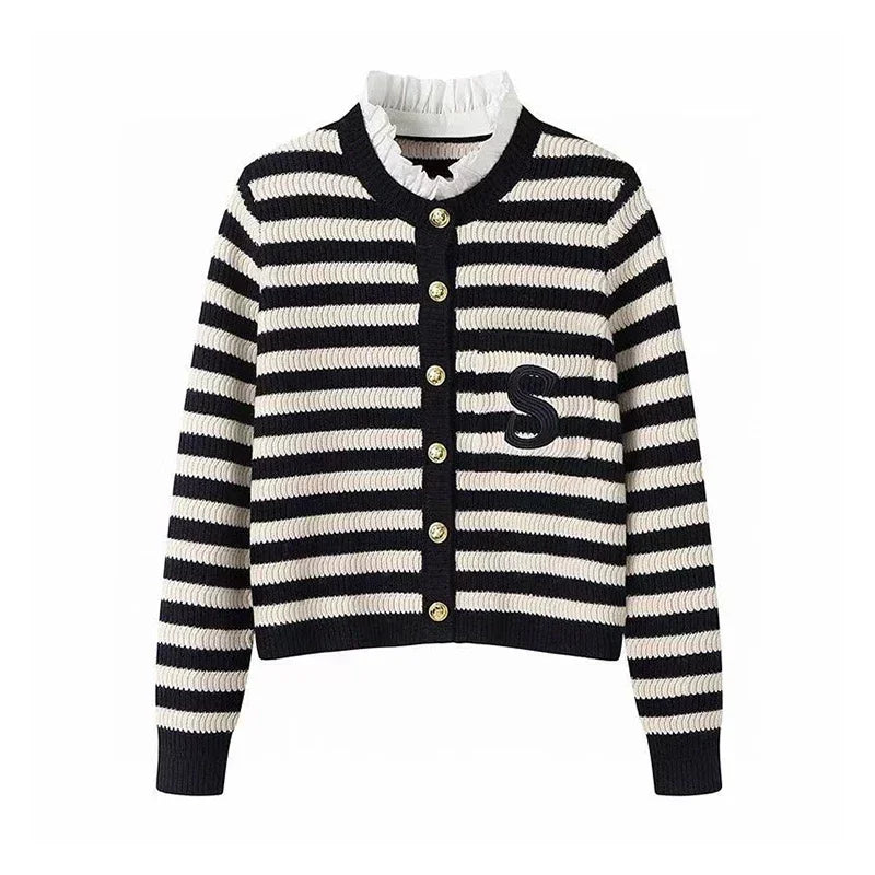2024 Spring Classic S Letter Knit Cardigan Coat Women Stripe Sweater Ruffles Collar Tops Luxury Designer Brand Chic Y2K Clothing