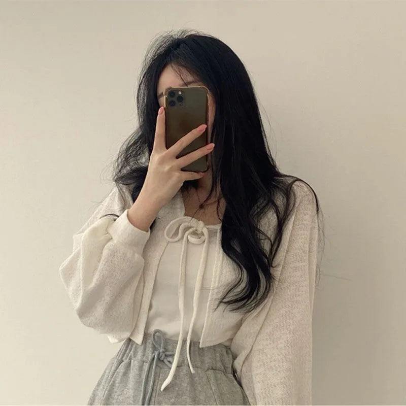 Rimocy 2023 Thin White Cardigan Women Summer Sunscreen Lace-Up Knitwear Top Female Korean Style Lantern Sleeve Short Coat Woman