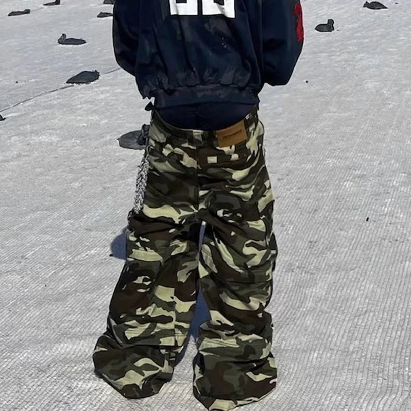Color Match Multi-pockets Camouflage Cargo Pants for Men and Women Streetwear Patchwork Baggy Overalls Wide Leg Loose Trousers