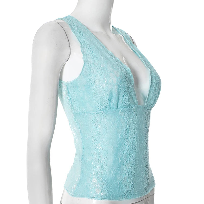 CUTENOVA Deep V-Neck Pullover Vest For Women Hollowed Out Lace Waist Waistless Top T-Shirt Spring And Summer New 2025 Streetwear