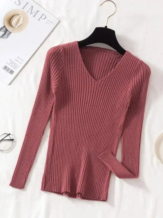 2025 V Neck Women Autumn Winter Sweaters Slim Knitted Pullovers Soft Warm Solid Jumper Female Sweater Casual Knitwear Jersey Top