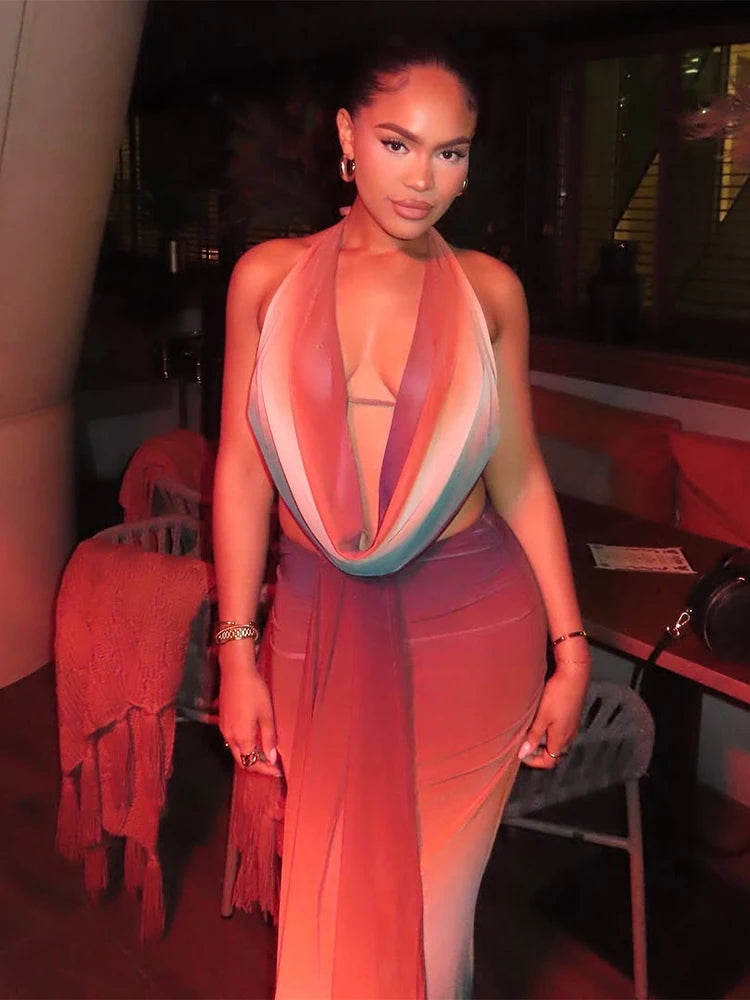 Weird Puss Sexy Colorful 2 Piece Set Women See Through Halter Tank Tops+Ruched Stretch Maxi Skirts Matching Midnight Clubwear