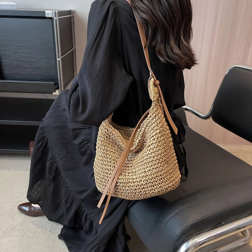 Hand-Woven Handbags Handmade Straw Woven Bag Paper Rope Fashion Casual Simple Elegant Strap Adjustable Summer Beach Bag