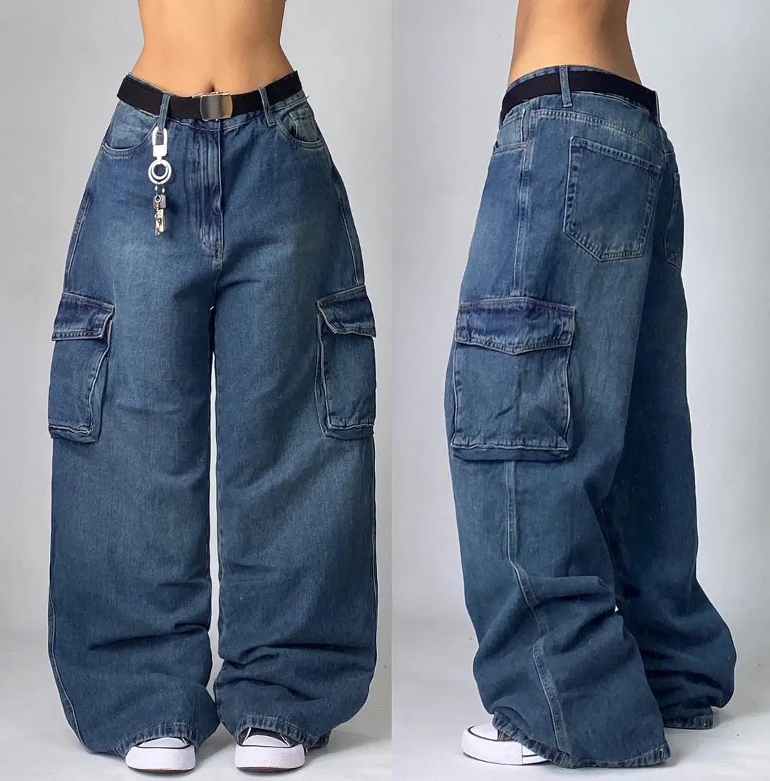 Y2K Fashion Baggy Jeans Denim Cargo Pants Womens Vintage Multi Pocket High Waist New Harajuku Gothic Wide Trouser Streetwear