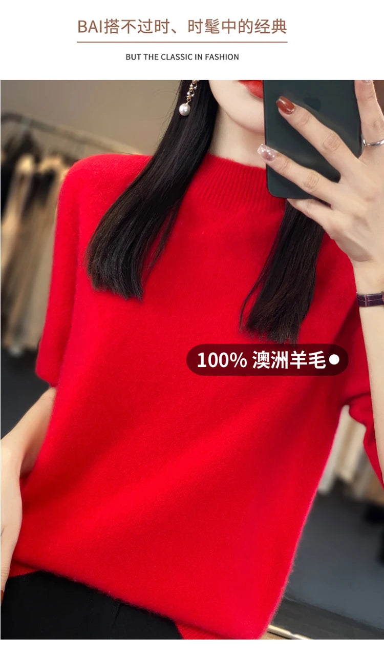 100% pure wool short sleeve summer new women's semi-high neck pullover blouse loose knit vest fashion T-shirt
