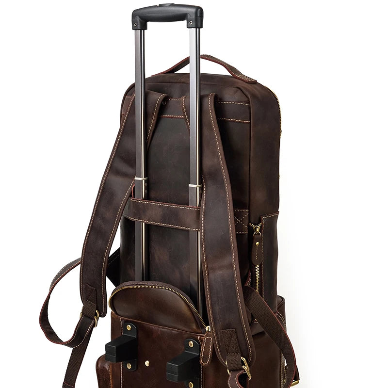 Vintage Travel Backpack leather double zipper bagpack male crazy horse leather backpack handmade leather travel bag men bag